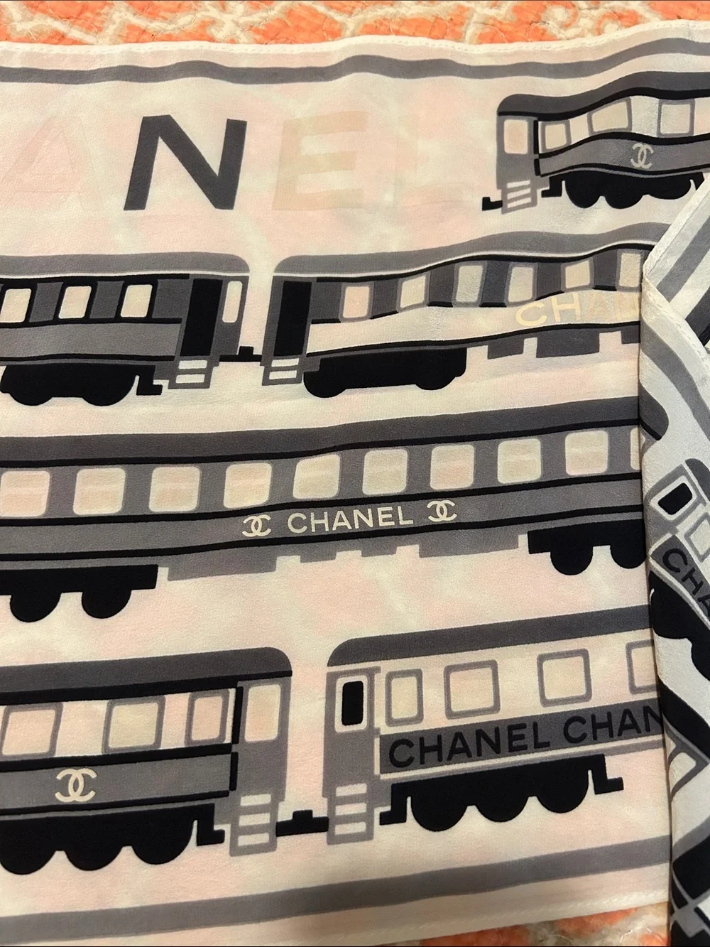 CHANEL Black, White/Cream Train-Print Silk Scarf